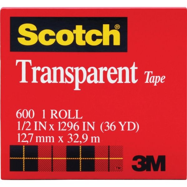 Scotch Glossy Transparent Tape, 1/2" X 1296", 1" Core, 12/Pack