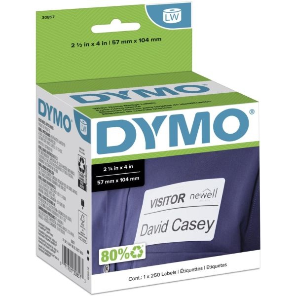 Dymo Self-Adhesive Name Badge Labels, 2.25" X 4", White, 250 Labels/Box