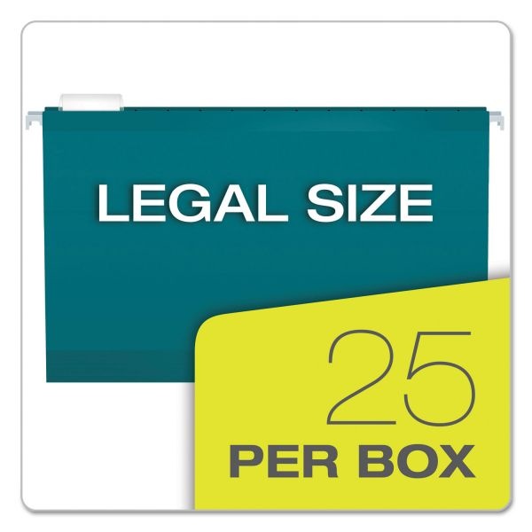 Pendaflex Colored Reinforced Hanging Folders, Legal Size, 1/5-Cut Tabs, Teal, 25/Box