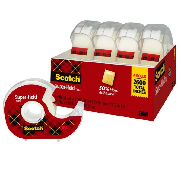 Scotch Super-Hold Tape, With Handheld Dispenser, 3/4" X 650", Clear, Pack Of 4 Rolls