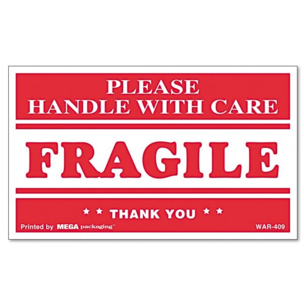 Universal Printed Message Self-Adhesive Shipping Labels, Fragile Handle With Care, 3 X 5, Red/Clear, 500/Roll