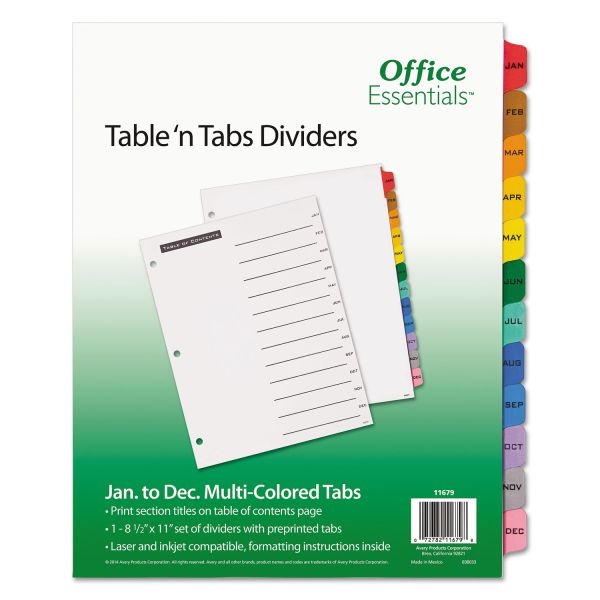 Office Essentials Table 'N Tabs Dividers, 12-Tab, Jan. To Dec., 11 X 8.5, White, Assorted Tabs, 1 Set