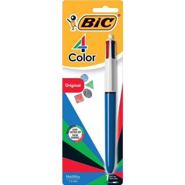Bic 4-Color Retractable Ballpoint Pen, Medium Point, 1.0 Mm, Blue Barrel, Assorted Ink Colors