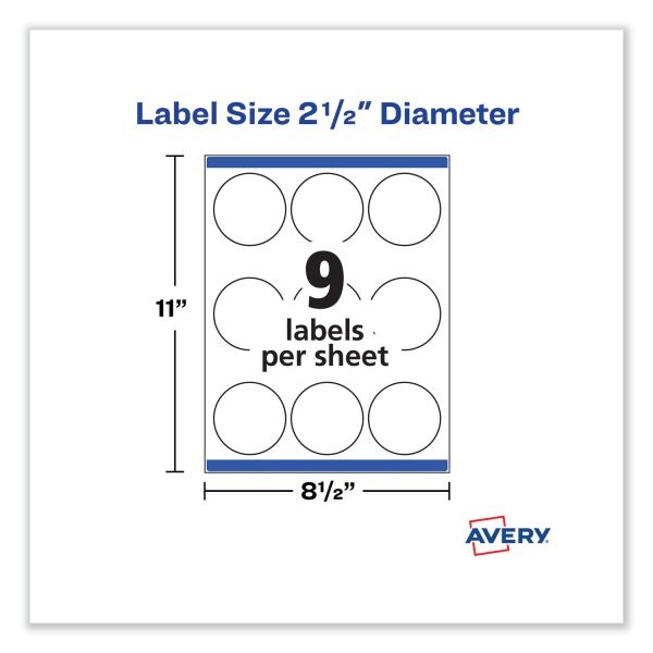 Avery Laser/Inkjet Media Labels, Inkjet/Laser Printers, 2.5" Dia, Matte White, 9 Labels/Sheet, 25 Sheets/Pack