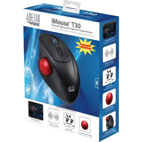 Adesso Imouse T30 - Wireless Programmable Ergonomic Trackball Mouse