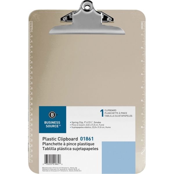 Sparco Plastic Clipboards - 9" X 12 1/2" - Spring Clip - Plastic - Smoke - 1 Each