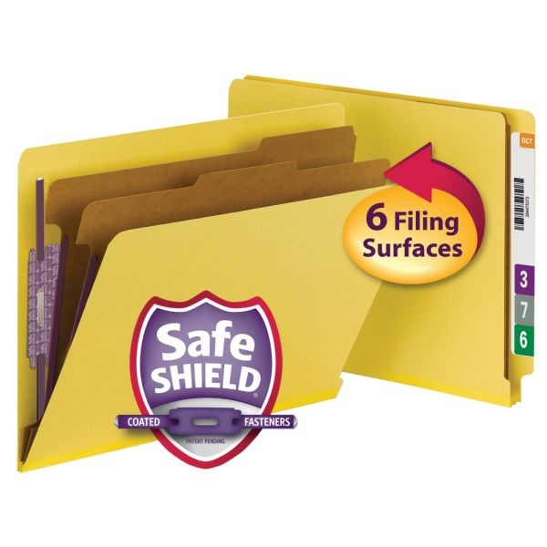 Smead End-Tab Classification Folders, With Safeshield Fasteners, 8 1/2" X 11", 2 Divider, Yellow, Pack Of 10