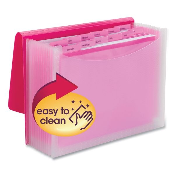 Smead Poly Expanding Folders, 12 Sections, Cord/Hook Closure, 1/6-Cut Tabs, Letter Size, Pink/Clear