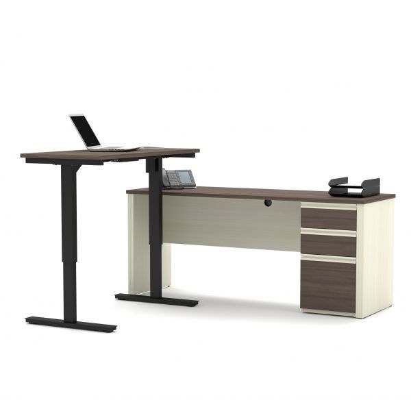 Bestar Prestige + L-Desk Including Electric Height Adjustable Table In White Chocolate & Antigua