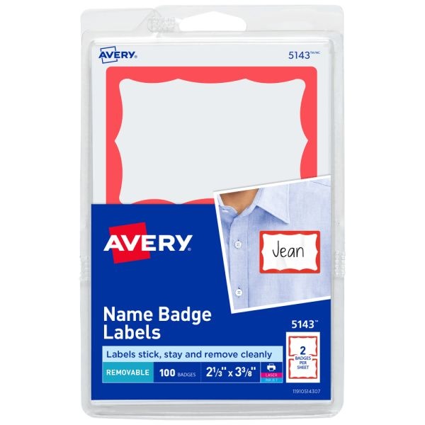 Avery Name Tags, 05143, 2-1/3" X 3-3/8", White With Red Border, 100 Removable Name Badges