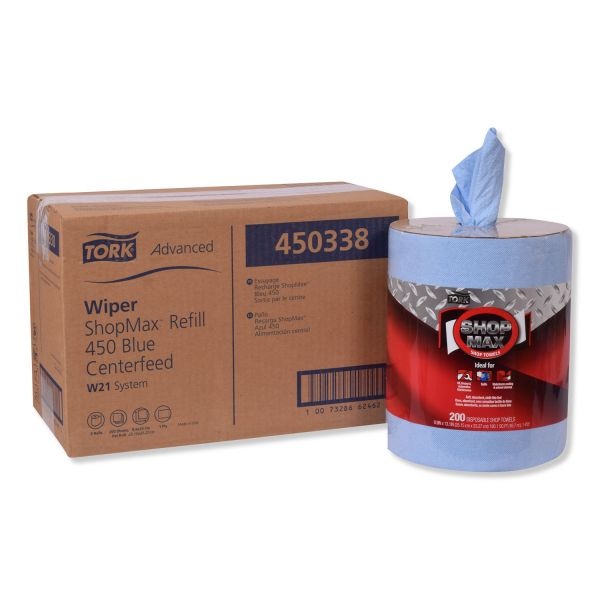 Tork Advanced Shopmax Wiper 450, Centerfeed Refill, 9.9X13.1, Blue, 200/Roll, 2 Rolls/Carton