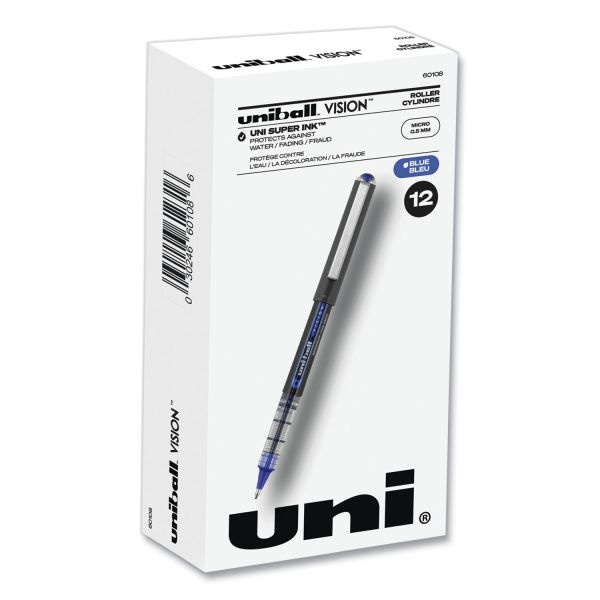 Uniball Vision Roller Ball Pen, Stick, Extra-Fine 0.5 Mm, Blue Ink, Gray/Blue/Clear Barrel, Dozen