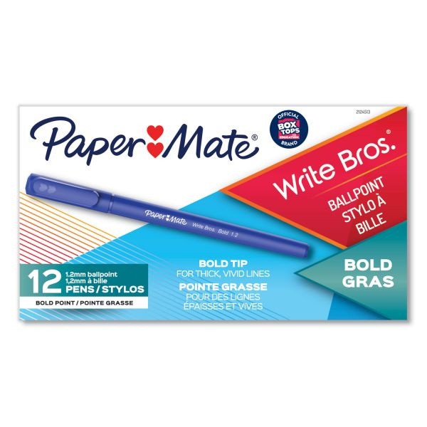 Paper Mate Write Bros. Ballpoint Pen, Stick, Bold 1.2 Mm, Blue Ink, Blue Barrel, Dozen