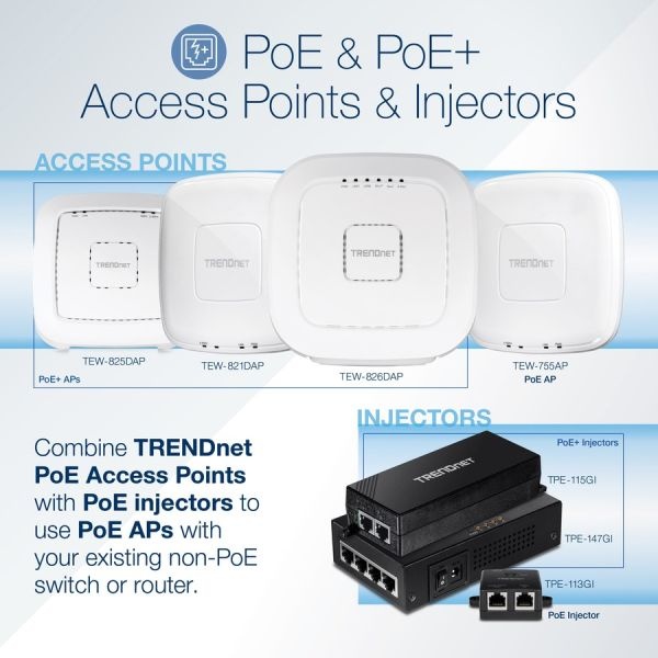 Trendnet Gigabit Power Over Ethernet Plus Injector, Converts Non-Poe Gigabit To Poe+ Or Poe Gigabit, Supplies Poe (15.4W) Or Poe+ (30W) Power Network Distances Up To 100M (328 Ft.), Black, Tpe-115Gi