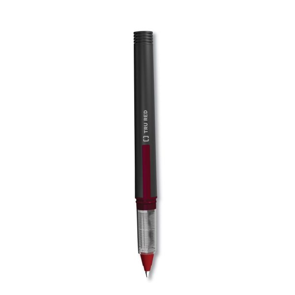 Tru Red Roller Ball Pen, Stick, Fine 0.5 Mm, Red Ink, Black/Red/Clear Barrel, Dozen