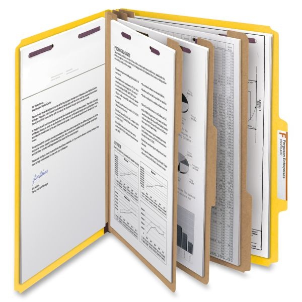 Smead Classification Folders, Top-Tab With Safeshield Coated Fasteners, 3 Dividers, 3" Expansion, Letter Size, 50% Recycled, Yellow, Box Of 10