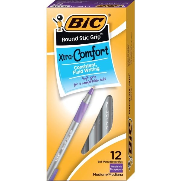 Bic Round Stic Grip Xtra-Comfort Ballpoint Pens, Medium Point, 1.2 Mm, Gray Barrel, Purple Ink, Pack Of 12