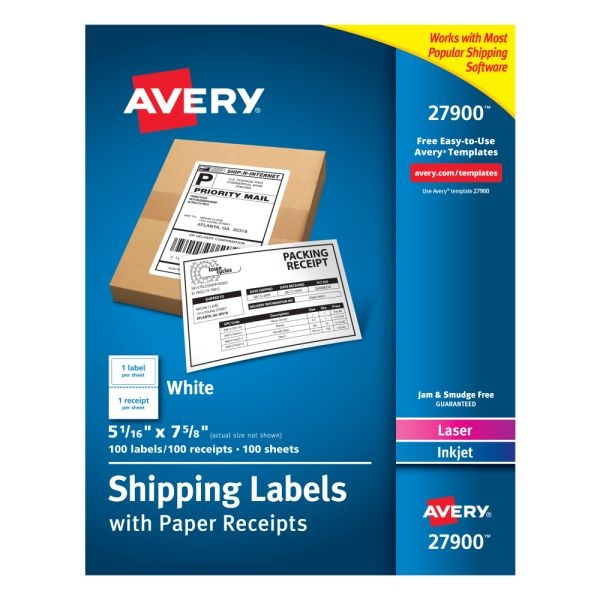Avery Shipping Labels With Paper Receipts, 27900, 5 1/16" X 7 5/8", White, Pack Of 100