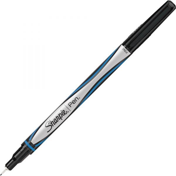 Sharpie Water-Resistant Ink Porous Point Pen, Stick, Fine 0.4 Mm, Blue Ink, Black/Blue Barrel, Dozen