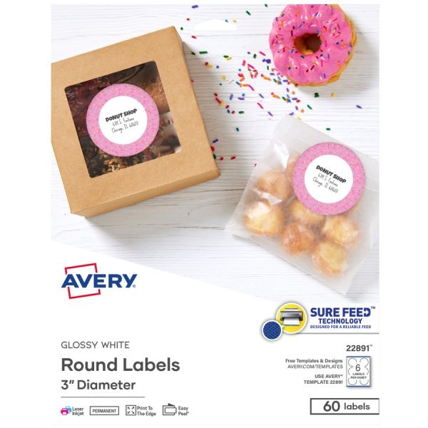 Avery Glossy White Labels, 3" Round, 60 Labels (22891)