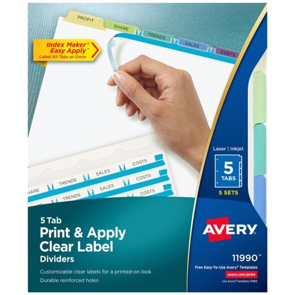 Avery Customizable Index Maker Dividers For 3 Ring Binder, Easy Print & Apply Clear Label Strip, 5 Tab, Pastel Tabs, Pack Of 5 Sets