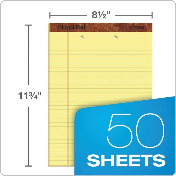 Tops "The Legal Pad" Ruled Perforated Pads, Wide/Legal Rule, 50 Canary-Yellow 8.5 X 11.75 Sheets, Dozen