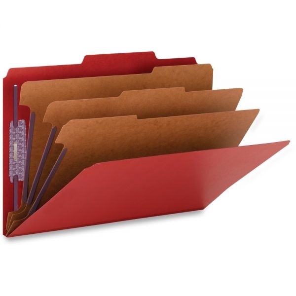 Smead Classification Folders, Top-Tab With Safeshield Coated Fasteners, 3 Dividers, 3" Expansion, Legal Size, 50% Recycled, Bright Red, Box Of 10