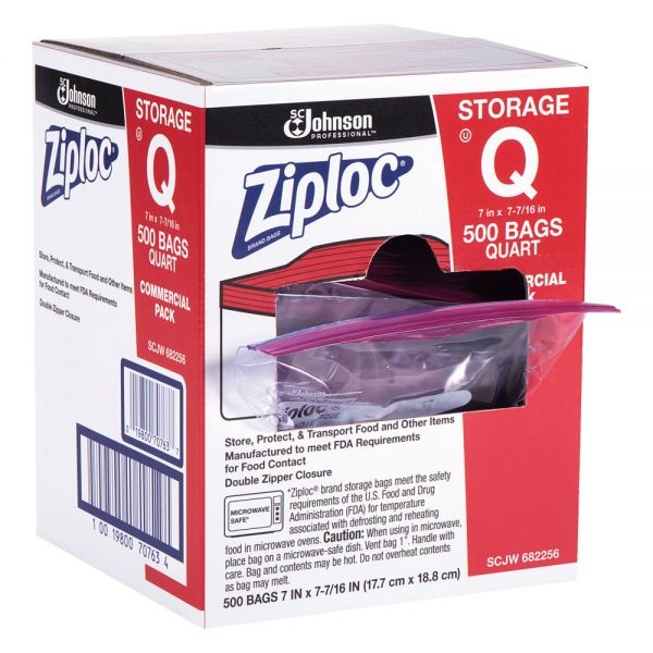 Ziploc Double Zipper Storage Bags, 1 Qt, 1.75 Mil, 7" X 7.75", Clear, 500/Box