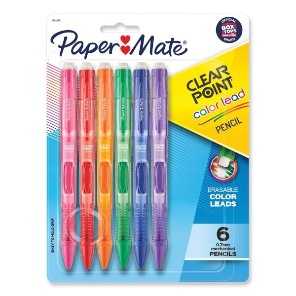 Paper Mate Clearpoint Color Mechanical Pencils, 0.7 Mm, Assorted Lead And Barrel Colors, 6/Pack