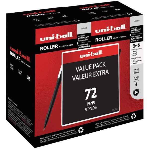 Uniball Roller Ball Pen, Stick, Extra-Fine 0.5 Mm, Black Ink, Black Barrel, 72/Pack