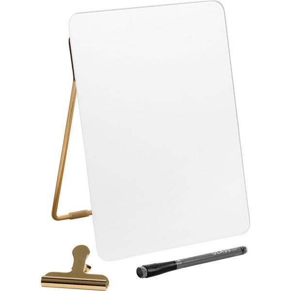 U Brands Glass Dry-Erase Desktop Easel, Tempered Glass, Gold Metal Stand, Removable Clip