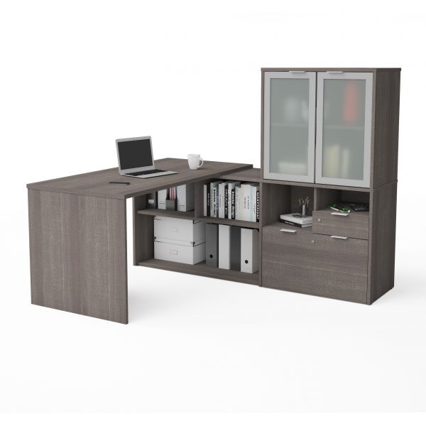 Bestar I3 Plus L-Desk With Frosted Glass Door Hutch In Bark Gray