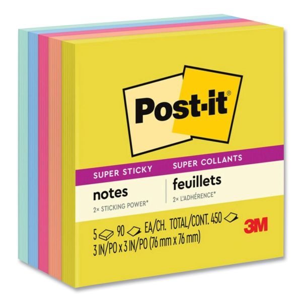 Post-It Notes Super Sticky Note Pads In Summer Joy Collection Colors, 3" X 3", Summer Joy Collection Colors, 90 Sheets/Pad, 5 Pads/Pack