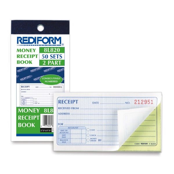 Rediform Small Money Receipt Book, Two-Part Carbonless, 5 X 2.75, 1/Page, 50 Forms