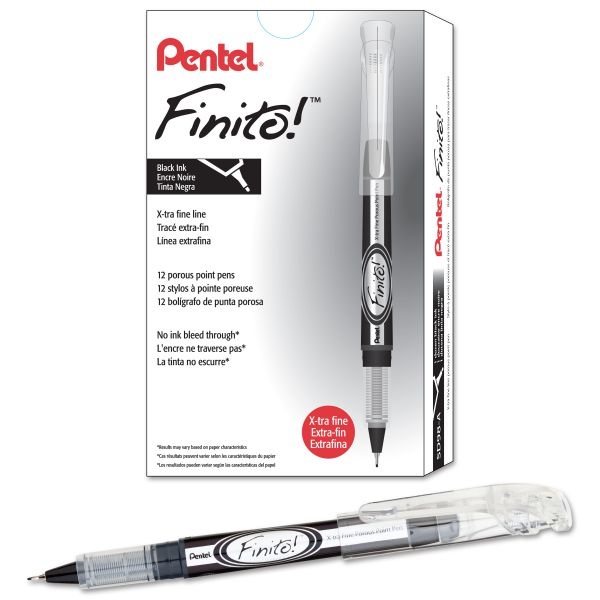 Pentel Finito! Porous Point Pen, Stick, Extra-Fine 0.4 Mm, Black Ink, Black/Silver/Clear Barrel
