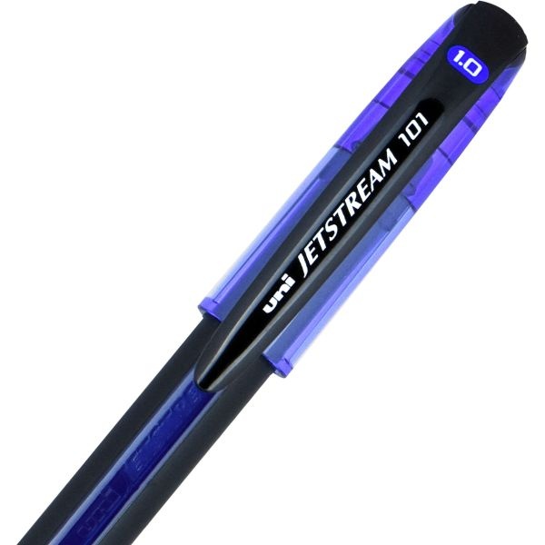 Uniball Jetstream 101 Hybrid Gel Pen, Stick, Bold 1 Mm, Blue Ink, Black/Blue Barrel, Dozen