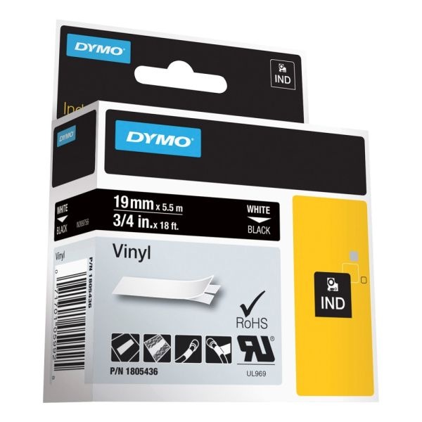 Dymo Vinyl Label Tape Permanent Adhesive, 3/4"W X 18'L, Thermal Transfer, Black/White
