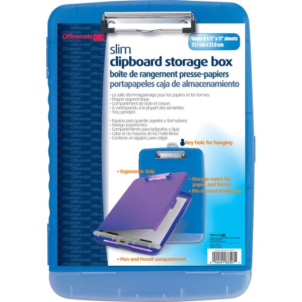 Officemate Low Profile Storage Clipboard, 1/2" Capacity, Holds 8 1/2 X 11, Translucent Blue