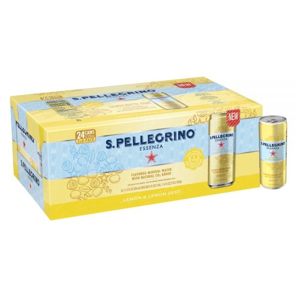 Nestlé S.Pellegrino Essenza Flavored Mineral Water, Lemon/Lemon Zest, 11.15 Fl Oz, 8 Cans Per Pack, Case Of 3 Packs