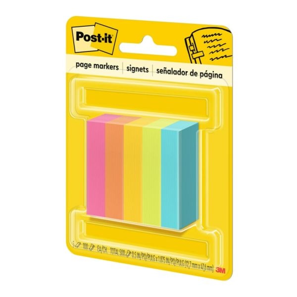 Post-It Notes Page Markers, 1/2" X 2", Electric Glow Colors, 100 Per Pad, Pack Of 5 Pads