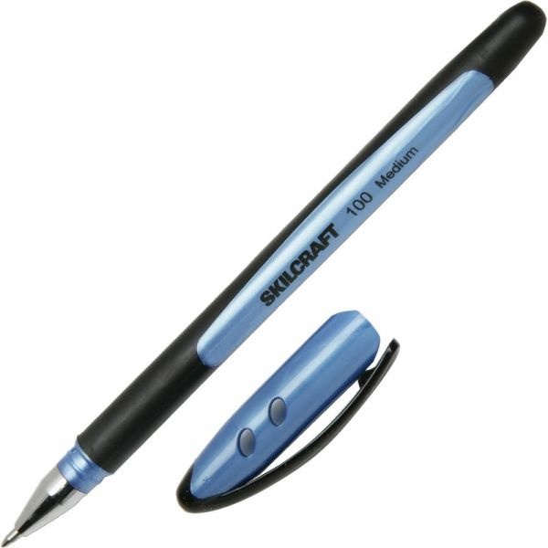 Abilityone Skilcraft 100 Rubberized Stick Pens, Medium Point, 0.7 Mm, Blue Barrel, Blue Ink, Pack Of 12