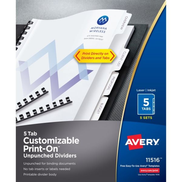Avery Print-On Dividers, 8 1/2" X 11", Unpunched, 5-Tab, White Dividers/White Tabs, Pack Of 5 Sets