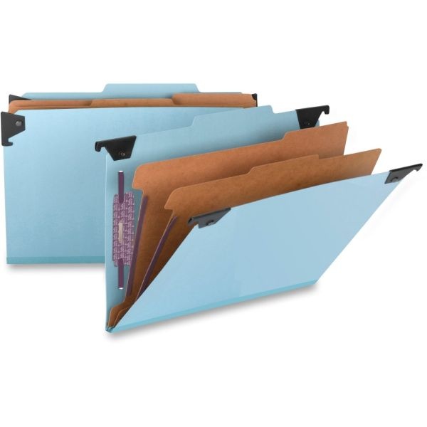 Smead Hanging Pressboard Classification Folder With Safeshield Coated Paper Fastener, 2 Dividers, Legal Size, 50% Recycled, Blue