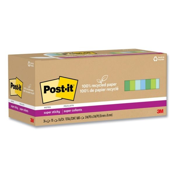 Post-It Notes Super Sticky 100% Recycled Paper Super Sticky Notes, 3" X 3", Oasis, 70 Sheets/Pad, 24 Pads/Pack
