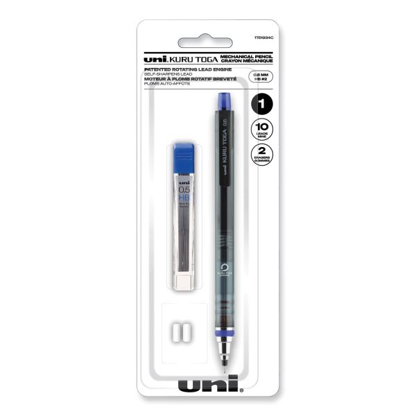 Uniball Kurutoga Mechanical Pencil With Tube Of Lead/Erasers, 0.5 Mm, Hb (#2), Black Lead, Black Barrel