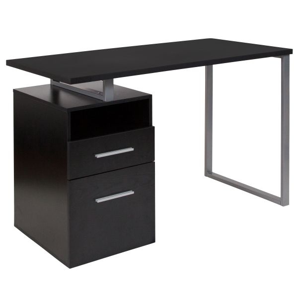 Harwood Dark Ash Wood Grain Finish Computer Desk With Two Drawers And Silver Metal Frame