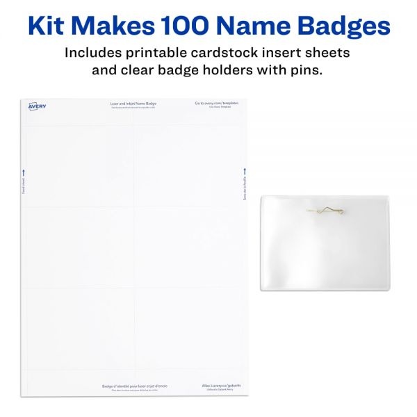 Avery Customizable Name Badges With Pins, 74540, 3" X 4", Clear Name Tag Holders With White Printable Inserts, Pack Of 100