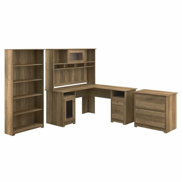 Bush Furniture Cabot L Shaped Desk With Hutch, Lateral File Cabinet And 5 Shelf Bookcase In Reclaimed Pine