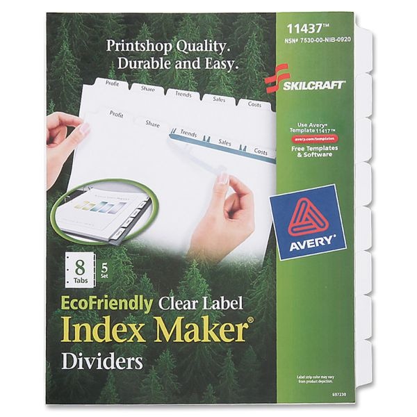Skilcraft Index Maker Clear Label Dividers With Whtie Tabs, 8-Tab, Pack Of 5 Sets (Abilityone 7530-01-600-6982)