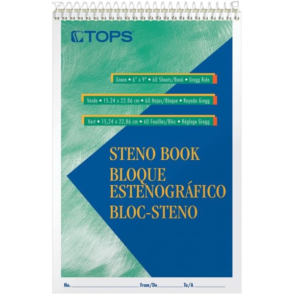 Tops Green Tint Steno Books - 60 Sheets - Wire Bound - Ruled - 6" X 9" - Green Paper - Hardboard Cover - Wirelock - 12 / Pack
